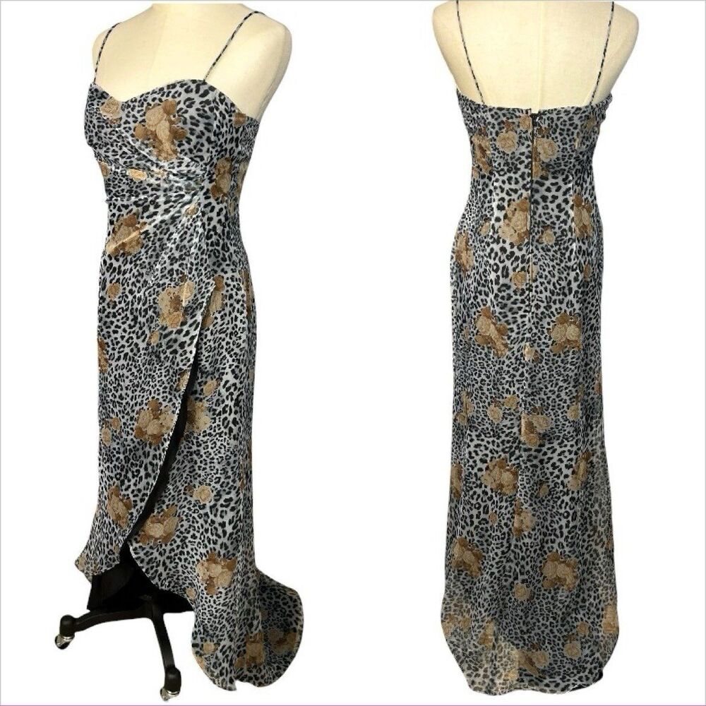 Morgan & Co Y2K Mobwife Cheetah Floral Print Grey Cocktail Formal Dress Sz 5/6